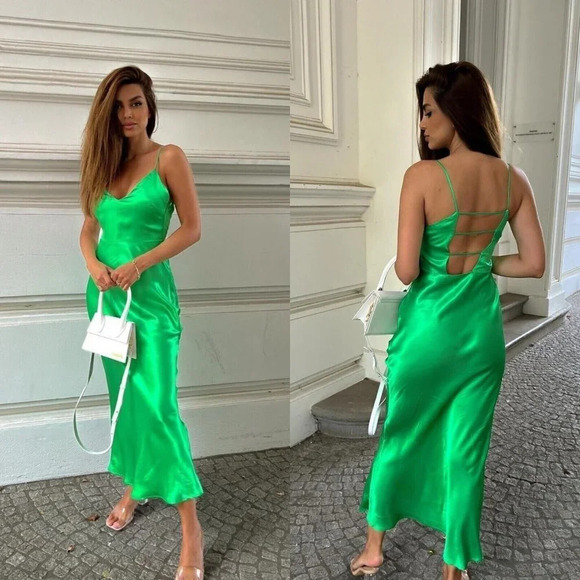 Zara Satin Effect Camisole Midi Strappy Dress Bloggers Fav Green NWT Size Small - Picture 1 of 11